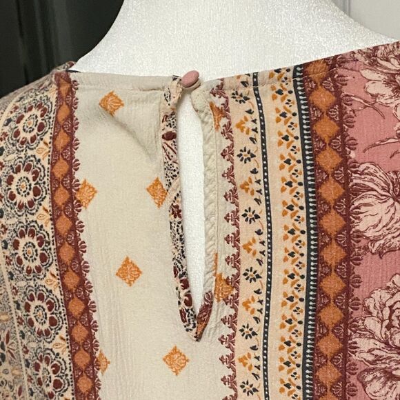 AE Boho Patterned Tassel Balloon Sleeve Peasant Peplum Top Sz M Festival Artsy - Picture 7 of 12